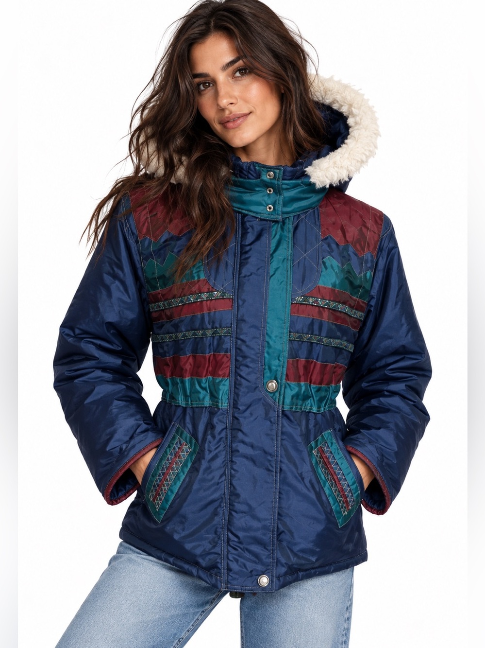 Vintage 80s Striped Hooded Puffer Ski Coat Faux Fur Trim Jacket